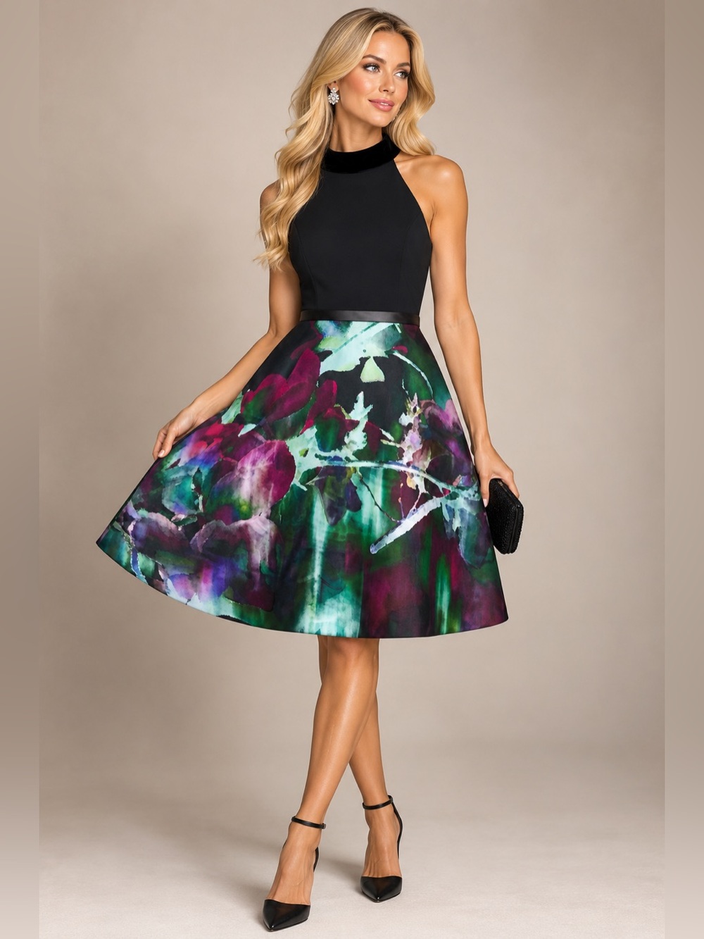 Theia Black Halter Dress with Jewel-Toned Floral Skirt